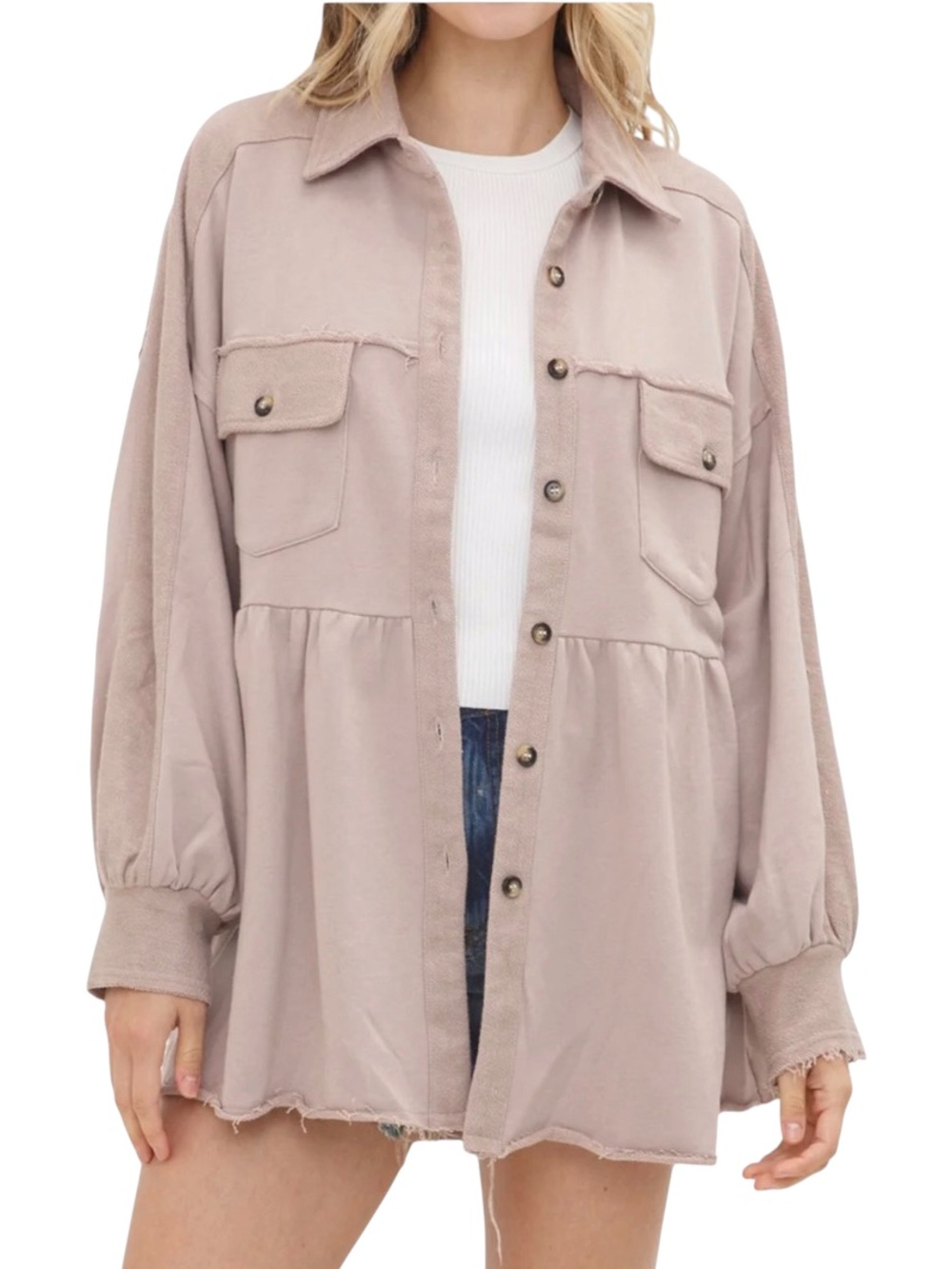 NEW blue b Dusty Rose Washed Relaxed Fit Button Up Terry Shirt Jacket Shacket